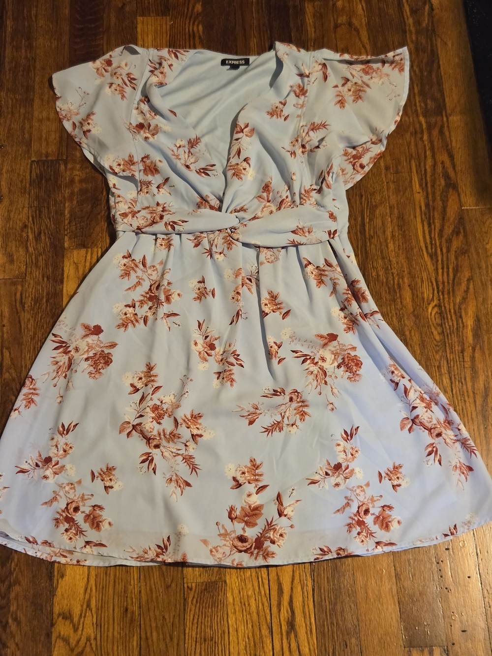 Express Pale Blue Floral Wrap Dress with Rust Blooms